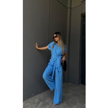 Egzotik Asortik Kadın Beli Baplamalı Kısa Kol Gömlek ve Pantolonlu Ince Ikili Takım