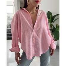 Kadın Beyaz Çizgili Uzun Kol Dantel Detaylı Salaş Kesim Pembe Yazlık Gömlek