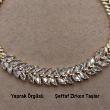 Hazemy Göz Alıcı Yaprak Tasarımlı Zirkon Taşlı Altın Rengi Bileklik