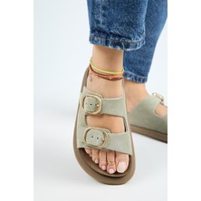 Manijero Lavanda Kadın  Deri Çift Tokalı  Taba Terlik