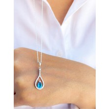 Pırlanta Model Aquamarin Taşlı Damla Kadın Gümüş Kolye