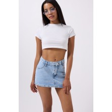 Gökyüzü Moda Asimetrik Bel Denim Mini Etek