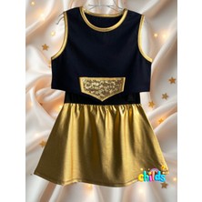 Ikili Takım Kız Çocuk Crop Pamuklu Üst Parlak Gold Lame Baskılı Mini Etek