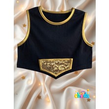Ikili Takım Kız Çocuk Crop Pamuklu Üst Parlak Gold Lame Baskılı Mini Etek