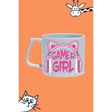 Gamer Gırl Oyuncu Kız Pembe Kulaklık Tasarım Baskılı Beyaz Lüks Sap Kupa Bardak