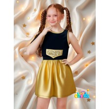 Ikili Takım Kız Çocuk Crop Pamuklu Üst parlak Gold Lame Baskılı Mini Etek