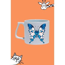  Mavi Kelebek Tasarım Baskılı Beyaz Lüks Sap Kupa Bardak