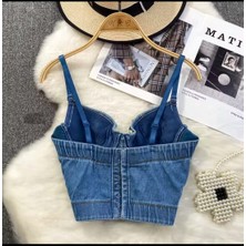 Denim Kaşkorse Korse Üst Sütyen ,kristal Elmas Inci Işlemeli Lüks Kot Büstiyer, Crop  Kot Büstiyer