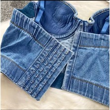Denim Kaşkorse Korse Üst Sütyen ,kristal Elmas Inci Işlemeli Lüks Kot Büstiyer, Crop  Kot Büstiyer