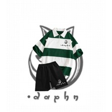 Çizgili Oversize Polo Yaka Yeşil Daphn Fox Baskılı T-Shirt Şort (Siyah) 2'li Takım