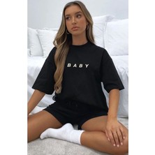 Yeni Sezon Kadın Siyah Şort & T-Shirt Pamuklu Takım Baby Baskılı