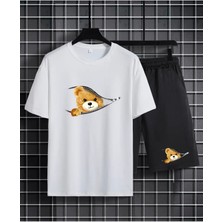 Ayı Baskılı Erkekler Için 2 Parça , Rahat Kısa Kollu Oversize T-Shirt ve Yazlık Bağcıklı Şort Takımı