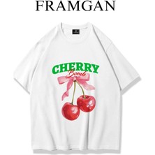 Cakkey Kadın Cherry Kiraz Baskılı Beyaz T-Shirt