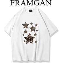 Cakkey Kadın Leopar Detaylı Pamuklu Bisiklet Yaka Beyaz T-Shirt