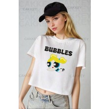 Powerpuff Girls Blossom-Bubbles-Buttercup Baskılı Crop T-Shirt