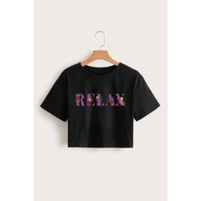 Cakkey Kadın Relax Baskılı   Siyah Crop Tişört