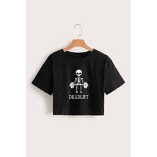 Cakkey Kadın Deadlift Baskılı   Siyah Crop Tişört