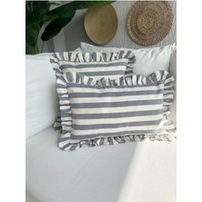 Indigo Mavi Ekru Çizgili Premium Keten Kumaş Fırfırlı Kırlent Kılıfı 1AD