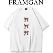 Cakkey Kadın Leopar Detaylı Pamuklu Bisiklet Yaka Beyaz T-Shirt