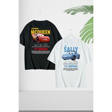 Unisex Şimşek Mcqueen- Sally Cars Sevgili Çift Kombini Oversize T-Shirt 2'li Takım