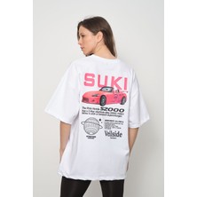 Cakkey Suki Bullet Skyline S2000 Sırt Baskılı Couple Oversize  Tişört Beyaz