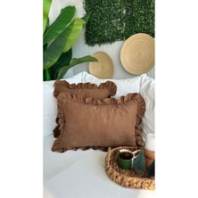 Decamor Home Çikolata Kahverengi Vıntage Fırfırlı Kırlent Kılıfı 1AD Leke Tutmayan Kumaş