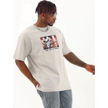 Unisex Oversize Baskılı Bisiklet Yaka T-Shirt - Gri