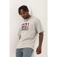 Unisex Oversize Baskılı Bisiklet Yaka T-Shirt - Gri