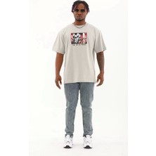 Unisex Oversize Baskılı Bisiklet Yaka T-Shirt - Gri