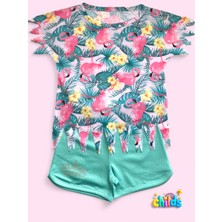 Kısa Kol Flamingo Baskılı Penye Lazer Kesimli Saçaklı Kız Çocuk T-Shirt Şortlu Takım