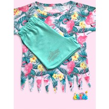 Kısa Kol Flamingo Baskılı Penye Lazer Kesimli Saçaklı Kız Çocuk T-Shirt Şortlu Takım