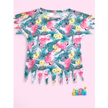 Kısa Kol Flamingo Baskılı Penye Lazer Kesimli Saçaklı Kız Çocuk T-Shirt Şortlu Takım
