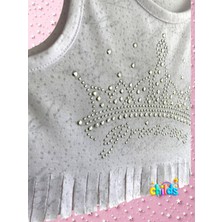 Ikili Crop Kız Çocuk Takım Prenses Taş Baskılı Devore Kumaşından Üretilmiş Şortlu Takım