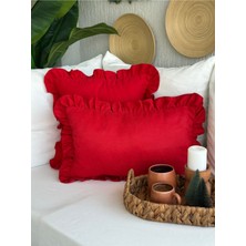 Vintage Kadife Dokulu Kırmızı Fırfırlı Kırlent Kılıfı 1AD