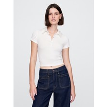 Gap Kadın Beyaz Modern Fitilli Crop Polo T-Shirt