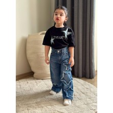 Kız Çocuk Yıldız Modelli Kot Pantolonlu Pamuk Takım