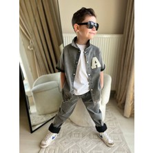 Erkek Çocuk A Nakışlı Tişörtlu Kot Pantolon Kot Gömlekli 3lü Takım