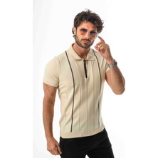 Polo Yaka Yarım Fermuarlı Çizgi Desenli Triko T-SHIRT-TY-1311