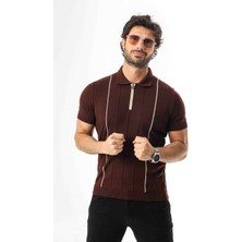 Polo Yaka Yarım Fermuarlı Çizgi Desenli Triko T-SHIRT-TY-1311
