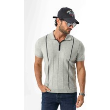 Polo Yaka Yarım Fermuarlı Çizgi Desenli Triko T-SHIRT-TY-1311