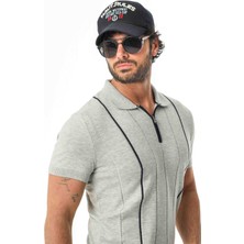 Polo Yaka Yarım Fermuarlı Çizgi Desenli Triko T-SHIRT-TY-1311