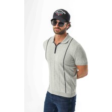 Polo Yaka Yarım Fermuarlı Çizgi Desenli Triko T-SHIRT-TY-1311