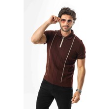 Polo Yaka Yarım Fermuarlı Çizgi Desenli Triko T-SHIRT-TY-1311