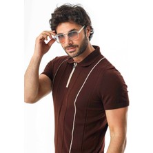 Polo Yaka Yarım Fermuarlı Çizgi Desenli Triko T-SHIRT-TY-1311