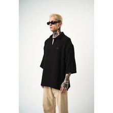 Erkek Polo Yaka Fakir Kol Müslin Oversize T-Shirt Siyah