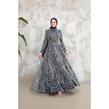25Y5157 Abiye Komple Inci ve Taş Işlemeli Prenses Model - Duman - 25Y5157 - Lacı - 42