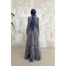 25Y5157 Abiye Komple Inci ve Taş Işlemeli Prenses Model - Duman - 25Y5157 - Lacı - 42