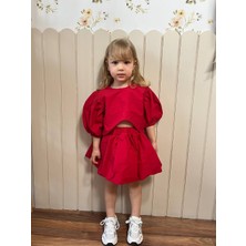 Poplin Kumaş Balon Etekli Arkası Çıtçıtlı Gömlekli Kız Çocuk Takım