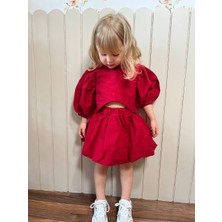 Poplin Kumaş Balon Etekli Arkası Çıtçıtlı Gömlekli Kız Çocuk Takım