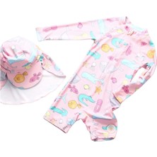 UPF50+ Kız Çocuk Pembe Hizli Kuruyan Kolay Giyilen Fermuarli Tulum Mayo Sapka Set